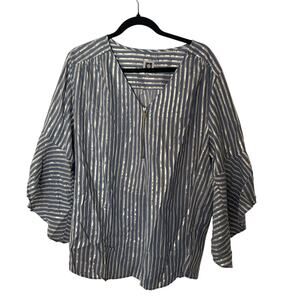Anne Klein Striped Metallic Gold Blouse Bell Sleeve Zip Neck Plus Size 2X